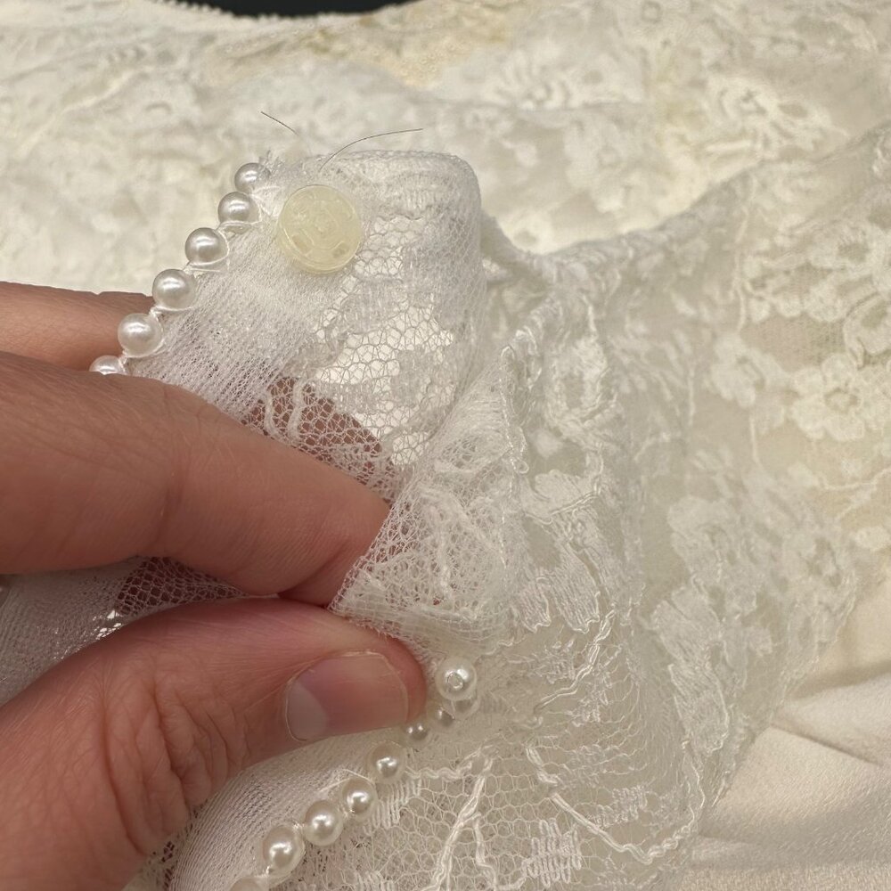 Vintage Wedding Dress Short 1960s Aldens Union Made White Lace Detachable Train - Picture 7 of 13